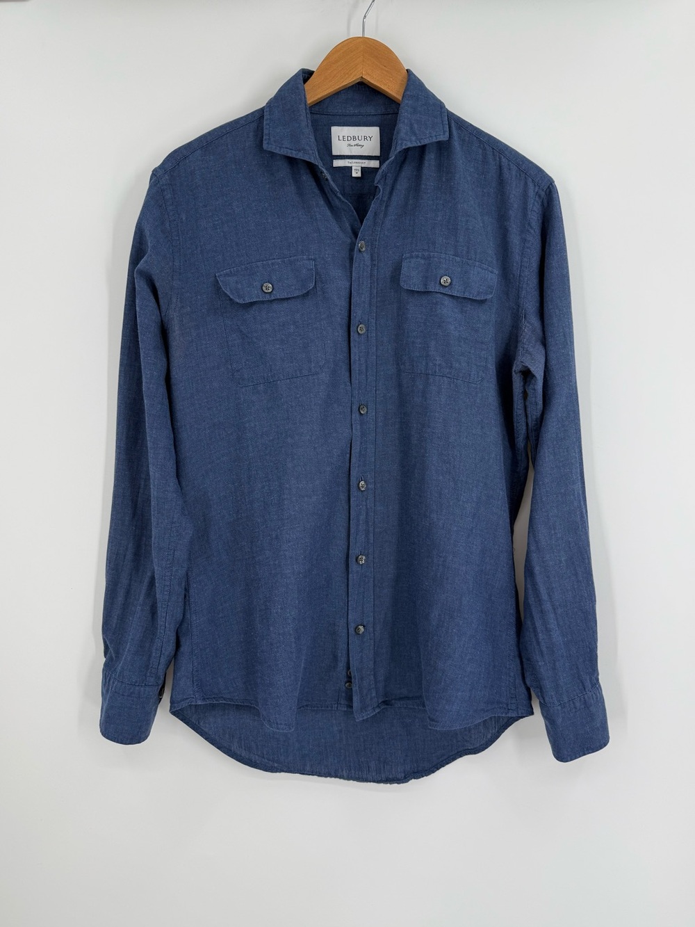 Ledbury Mens Tailored Fit Cotton Linen Chambray Utility Shirt | Blue | 15.5 / M